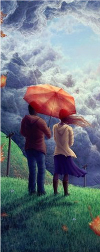Аватар вконтакте Мужчина с девушкой стоят под красным зонтом на фоне неба