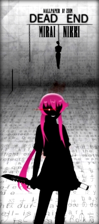 99px.ru аватар Юно Гасай / Yuno Gasai из аниме Дневник будущего / Mirai Nikki стоит с ножом и телефоном на фоне повешенного тела (Dead end / Тупик)