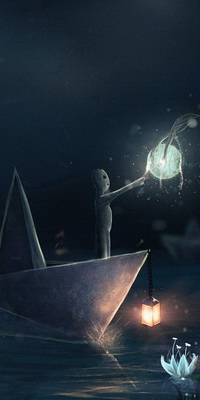 Аватар вконтакте Человечек, плывущий в бумажном кораблике с висящим на носу зажженном фонарике, вворачивает горящий светильник в ветку дерева на фоне ночного неба