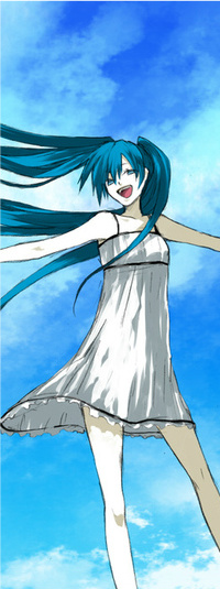 Аватар вконтакте Vocaloid Hatsune Miku / Вокалоид Хатцуне Мику на фоне большого голубого неба с белыми облаками