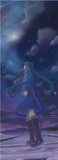 99px.ru аватар Девушка с синими волосами стоит на снегу и смотрит на ночное небо, художник Inoki