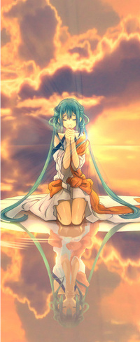 Аватар вконтакте Vocaloid Hatsune Miku / Вокалоид Хатсуне Мику стоит на коленях на поверхности воды на фоне закатного неба