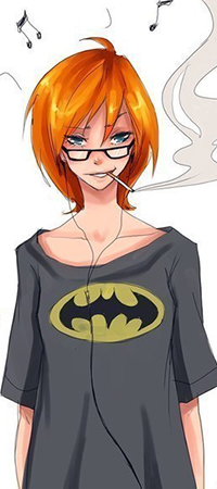 99px.ru аватар Курящая рыжеволосая девушка с наушниками в серей футбулке, на которой изображен логотип Бэтмена / Batman