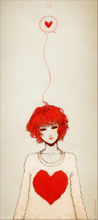 99px.ru аватар Рыжеволосая девушка в белом свитере с сердечком, думает о любви, художник Moustachi