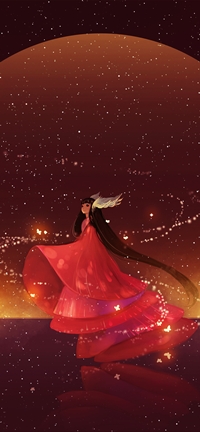 99px.ru аватар Девушка в алых одеждах танцует на фоне луны, арт от Hanyijie