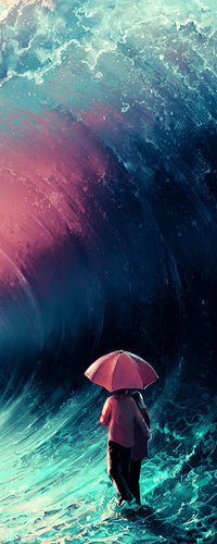 99px.ru аватар Девушка и парень идут обнявшись под зонтом, а на них надвигается цунами