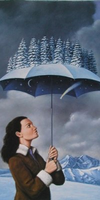 99px.ru аватар Рисунок, изображающий девушку, которая держит зонт, с растущим на нем зимним лесом, art by Рафал Олбински