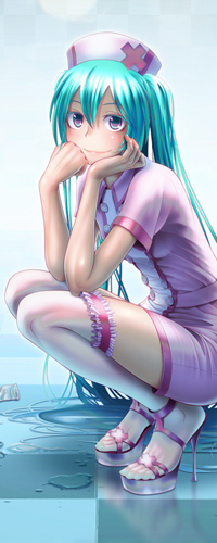 Аватар вконтакте Vocaloid Hatsune Miku / Вокалоид Хатсуне Мику в форме медсестры сидит на корточках