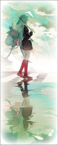 99px.ru аватар Вокалоид Мику Хатсуне / Vocaloid Miku Hatsune идет по тротуару с прозрачным зонтом