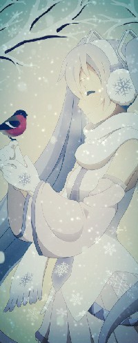 99px.ru аватар Зимняя Мику Хатсуне / Miku Hatsune в шарфике и зимних наушниках, держит птицу