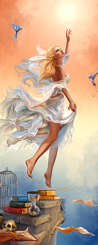 99px.ru аватар Девушка в белом платье оттолкнулась от ступеней полуразрушенной лестницы, заваленной книгами с песочными часами, черепом и железной клеткой, и вместе с птицами подымается вверх к солнцу, художник Наталья (uildrim)