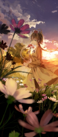 Аватар вконтакте Vocaloid Luo Tianyi / Вокалоид Луо Тьянуй стоит среди цветов на фоне заката