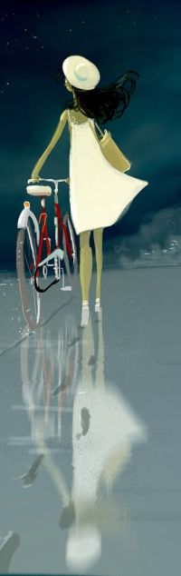 Аватар вконтакте Девушка в белом платье, шляпе с велосипедом в руках идет по мокрой земле, оставляя следы, by PascalCampion