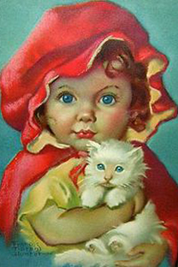 99px.ru аватар Голубоглазая девочка, в красной накидке, держит на руках белого пушистого котенка