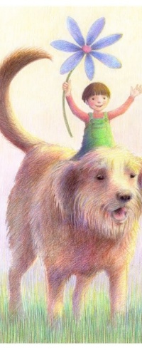 99px.ru аватар Девочка с цветком сидит на собаке, by Kathy Hare