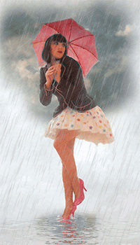 99px.ru аватар Девушка в летний дождь стоит на одной ноге в большой луже с маленьким красным зонтом в руках