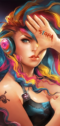 99px.ru аватар Девушка с разноцветными локонами и с татуировкой на плече в виде пиратского флага, в наушниках прикрывает один глаз ладонью, на которой написано STOPA
