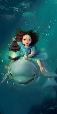 Аватар вконтакте Девочка сидящая на дельфине держит в руке фонарик, рядом проплывают рыбки