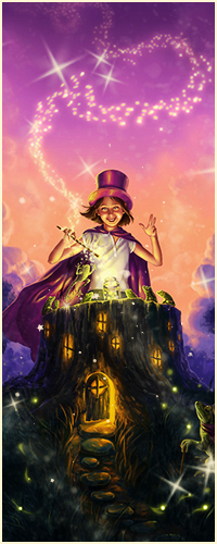 99px.ru аватар Мальчик в шляпе и плаще стоит возле пня и колдует волшебной палочкой над лягушками