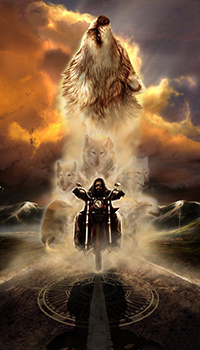 99px.ru аватар Байкер на Харлее (Harley-Davidson) несется в окружении волков