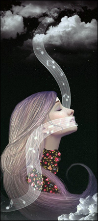 99px.ru аватар Девушка на фоне ночного неба, среди облаков, овитая белой полосой из музыкальных нот
