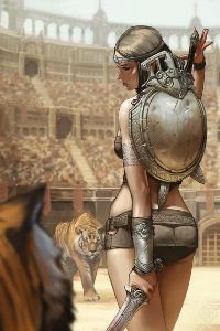 99px.ru аватар Девушка-гладиатор с кинжалами на арене против тигров, art Jee-Hyung Lee