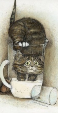 Аватар вконтакте Котенок в чашке с молоком, рядом мышка, ву Gary Patterson