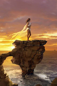 Аватар вконтакте На закате девушка в белых одеждах стоит на морском утесе и вглядывается вдаль за горизонт, художник Michael Oswald