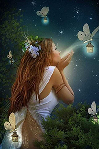 99px.ru аватар Девушка с цветами в волосах выпускает из рук ночных мотыльков с фонариками зажигая их магическим светом