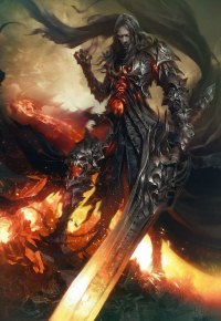 99px.ru аватар Дьявольский воин с огромный пылающим мечом под задымленным небом