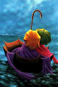 99px.ru аватар По бурному морю, навстречу волнам с белыми гребнями, плывет большой зонт с двумя маленькими цветными зонтиками в разноцветных шарфах, художник Клод / Claude Theberge