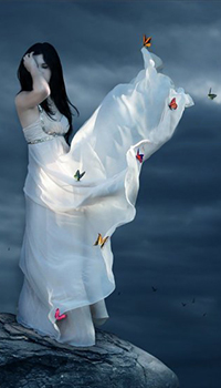 99px.ru аватар На фоне грозового неба, на краю утеса стоит девушка в белом платье с порхающими бабочками вокруг, art Fernanda Brussi