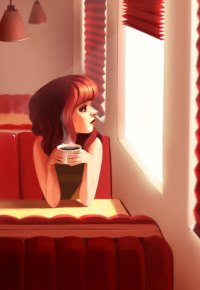 99px.ru аватар Девушка с чашечкой капучино смотри в окно, art Renee Chio