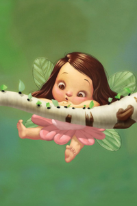 99px.ru аватар Маленькая девочка-эльф висит на ветке березы, художник Kei Acedera