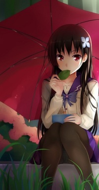 99px.ru аватар Sanka Rea / Санка Рея из аниме Санкарея / Sankarea жует лист гортензии сидя в саду под красными зонтом