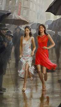 99px.ru аватар В осеннюю промозглую погоду две девушки в нарядных платьях бегут по лужам без зонтов, художник Станислав Плутенко