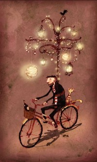 Аватар вконтакте Мужчина едет на велосипеде с котом и стойкой с фонариками, by Lee White
