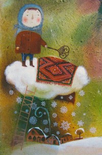 Аватар вконтакте Девочка выбивает коврик на облаке, из которого идет снег, by Anna Silivonchik