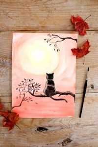 Аватар вконтакте Акварельный рисунок кошки лежит на дощатом полу рядом с кисточкой и листьями, by Lucy Akins