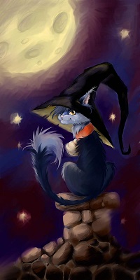 99px.ru аватар Кот в шляпе сидит на печной трубе на фоне Луны и ночного неба, by Anya