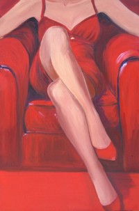 99px.ru аватар Женщина в красном вечернем платье и красных туфлях сидит, закинув ногу на ногу, в красном кресле, by Sharareh Sheri Chakamian