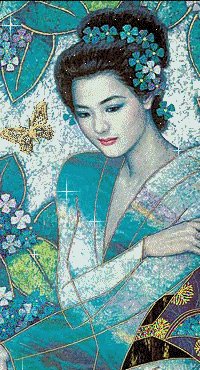 Аватар вконтакте Восточная девушка с цветами в волосах и порхающей рядом бабочкой