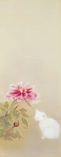 99px.ru аватар Белая кошка сидит в задумчивости возле куста пионов, by Hayami Gyoshu