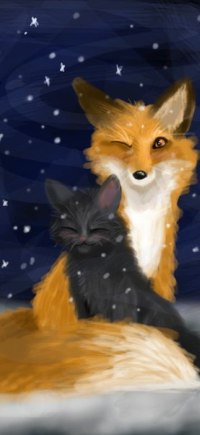 99px.ru аватар Лиса и котенок под падающим снегом, by zoradraws