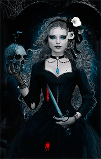 99px.ru аватар Девушка с кудрявыми длинными волосами держит в одной руке человеческий череп, а в другой кинжал с падающими каплями крови