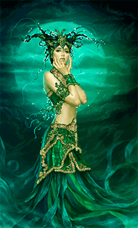 99px.ru аватар Девушка в причудливом головном уборе и в длинном зеленом платье на фоне Луны