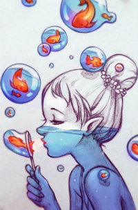 99px.ru аватар Девушка, наполнена водой, надувает мыльные пузыри, в которых плавают рыбки