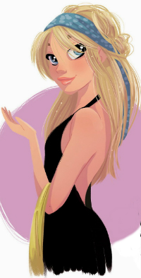 Аватар вконтакте Девушка со светлыми волосами, с синей повязкой, в черном платье держит руку возле груди, by Pernille &;rum