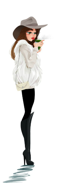 99px.ru аватар Девушка в шляпе, белой меховой жилетке, в ботфордах, с белой сумочкой, пьет горячий кофе, by Pernille &;rum