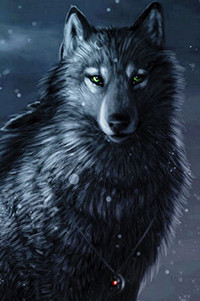 99px.ru аватар Волк с зелеными глазами и медальоном на шее под падающем снегом
